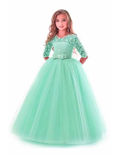 KISSOURBABY Girl Long Sleeve Lace Tutu Princess Pageant Dresses Kids Prom Ball Gown for 2-14 Years