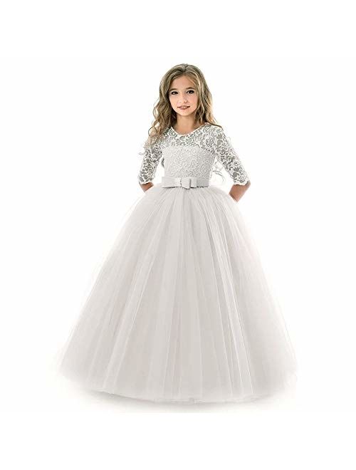 KISSOURBABY Girl Long Sleeve Lace Tutu Princess Pageant Dresses Kids Prom Ball Gown for 2-14 Years