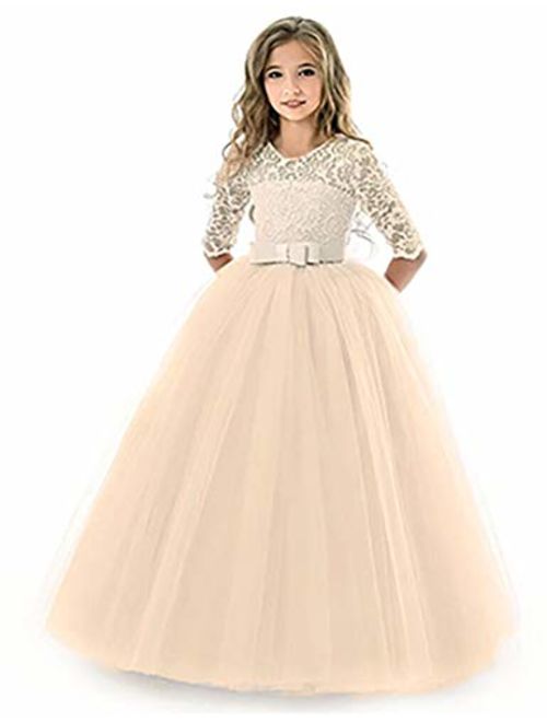 KISSOURBABY Girl Long Sleeve Lace Tutu Princess Pageant Dresses Kids Prom Ball Gown for 2-14 Years