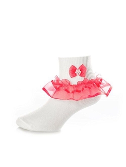 DressForLess Multi Color Girls Socks with Color Ruffled Organza Lace and Ribbon