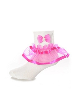 DressForLess Multi Color Girls Socks with Color Ruffled Organza Lace and Ribbon