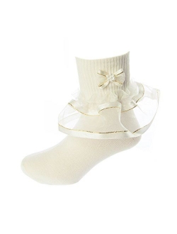 DressForLess Multi Color Girls Socks with Color Ruffled Organza Lace and Ribbon