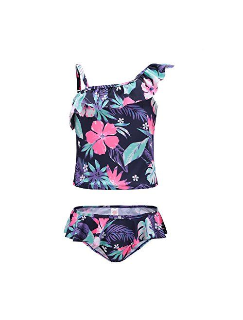 Girls Two Piece Tankini Swimsuit Hawaiian Ruffle Swimwear Bathing Suit Set