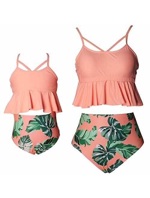 Girls Two Piece Tankini Swimsuit Hawaiian Ruffle Swimwear Bathing Suit Set