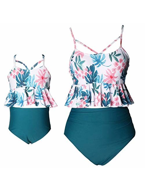 Girls Two Piece Tankini Swimsuit Hawaiian Ruffle Swimwear Bathing Suit Set