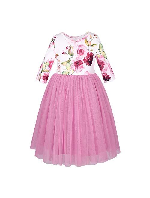 Flofallzique Floral Girls Party Dress Long Sleeves Tulle Spring Toddler Valentine Dress