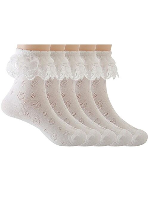 Sept.Filles Girls Ruffle Socks Girl's Socks Lace Top Anklet Socks Packs of 5