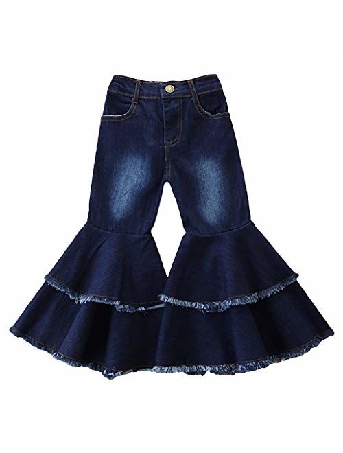 Danmeifu Toddler Kids Girls Ruffle Denim Jeans Pants Bell Bottom Flare Trousers