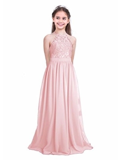 iEFiEL Girls Halter Lace Chiffon Flower Wedding Bridesmaid Dress Junior Ball Gown Formal Party Pageant Maxi Dress