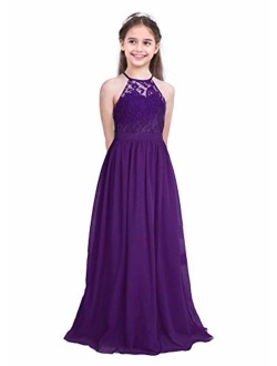 iEFiEL Girls Halter Lace Chiffon Flower Wedding Bridesmaid Dress Junior Ball Gown Formal Party Pageant Maxi Dress