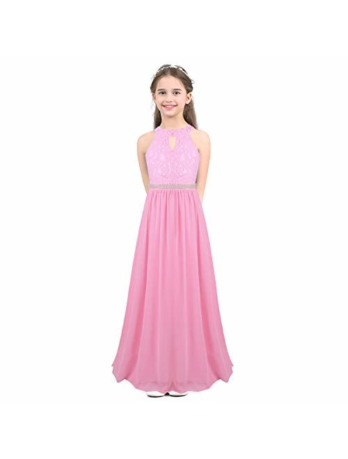 iEFiEL Girls Halter Lace Chiffon Flower Wedding Bridesmaid Dress Junior Ball Gown Formal Party Pageant Maxi Dress