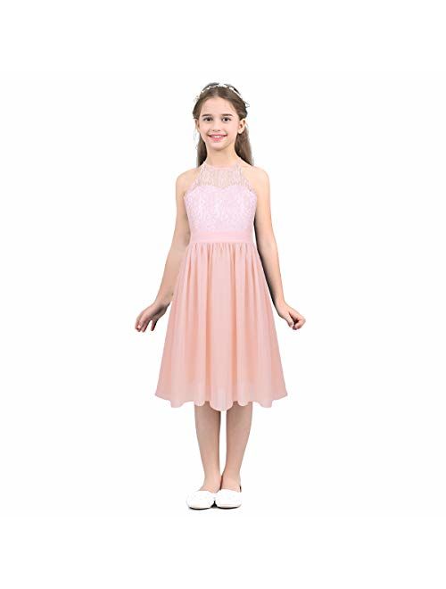 iEFiEL Girls Halter Lace Chiffon Flower Wedding Bridesmaid Dress Junior Ball Gown Formal Party Pageant Maxi Dress