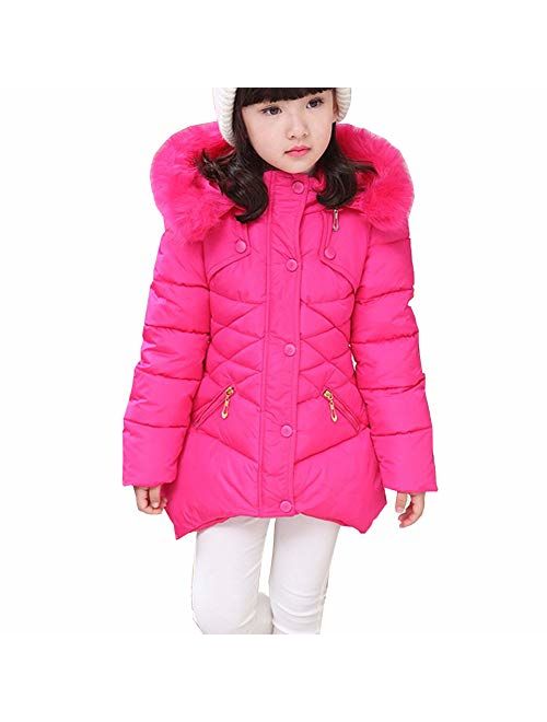 RUOGU Girls Winter Coat Jacket,Toddler Kids Cotton Jackets Snowsuit Hooded Windbreaker with Soft Fur Hoodies for Girls