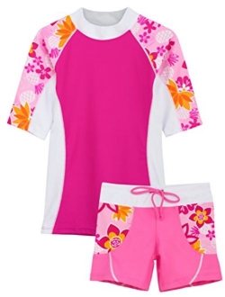 Tuga Girls Two-Piece Short Sleeve Swimsuit Set 2-14Years, UPF 50+ Sun Protection