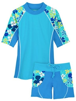 Tuga Girls Two-Piece Short Sleeve Swimsuit Set 2-14Years, UPF 50+ Sun Protection