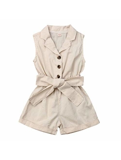 Toddler Kids Baby Girl Flutter Sleeve Short Romper Jumpsuit Botton Down Shirt Tops with Bowknot