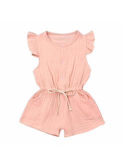 Toddler Kids Baby Girl Flutter Sleeve Short Romper Jumpsuit Botton Down Shirt Tops with Bowknot