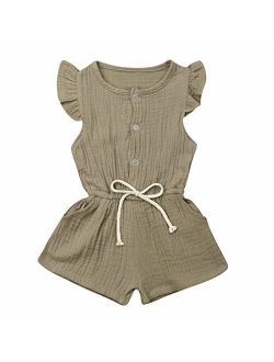 Toddler Kids Baby Girl Flutter Sleeve Short Romper Jumpsuit Botton Down Shirt Tops with Bowknot