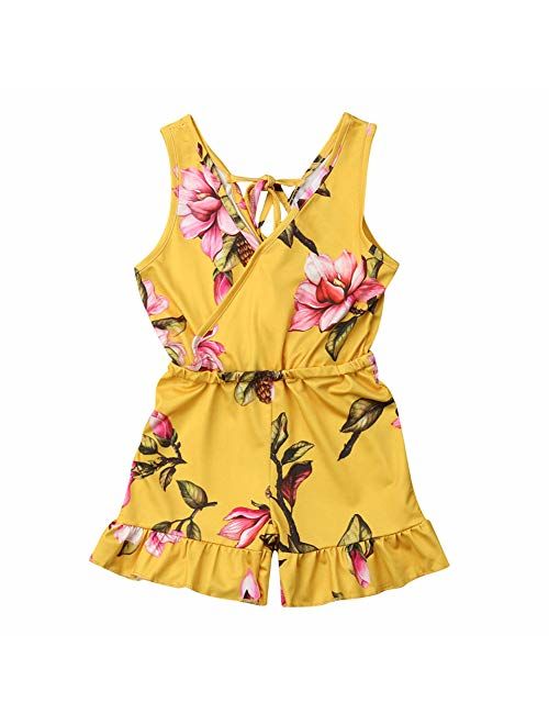 Toddler Kids Baby Girl Flutter Sleeve Short Romper Jumpsuit Botton Down Shirt Tops with Bowknot