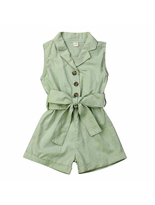 Toddler Kids Baby Girl Flutter Sleeve Short Romper Jumpsuit Botton Down Shirt Tops with Bowknot