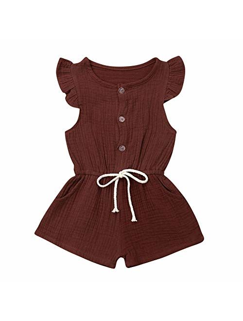 Toddler Kids Baby Girl Flutter Sleeve Short Romper Jumpsuit Botton Down Shirt Tops with Bowknot