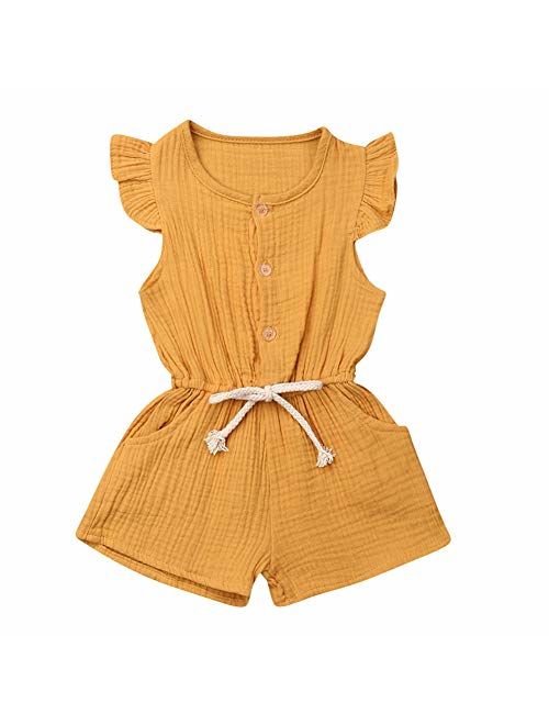 Toddler Kids Baby Girl Flutter Sleeve Short Romper Jumpsuit Botton Down Shirt Tops with Bowknot