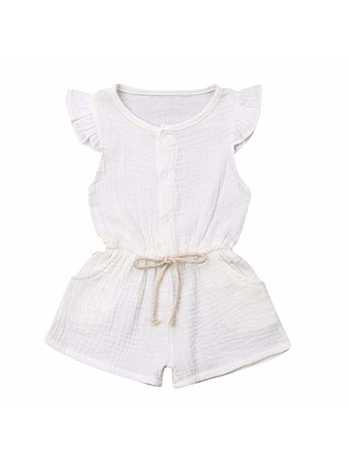 Toddler Kids Baby Girl Flutter Sleeve Short Romper Jumpsuit Botton Down Shirt Tops with Bowknot