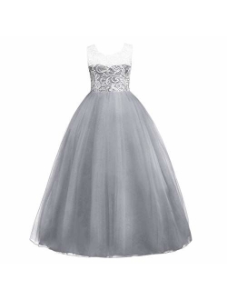 5-16T Little/Big Girls Floor Length Lace Tulle Bridesmaid Dress Flower Pageant Party Wedding Maxi Evening Dance Gown