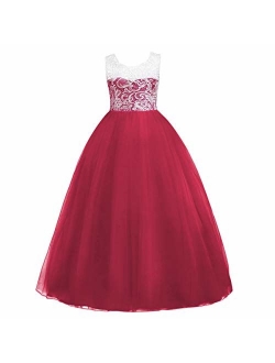 5-16T Little/Big Girls Floor Length Lace Tulle Bridesmaid Dress Flower Pageant Party Wedding Maxi Evening Dance Gown