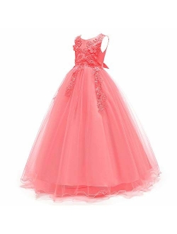 5-16T Little/Big Girls Floor Length Lace Tulle Bridesmaid Dress Flower Pageant Party Wedding Maxi Evening Dance Gown