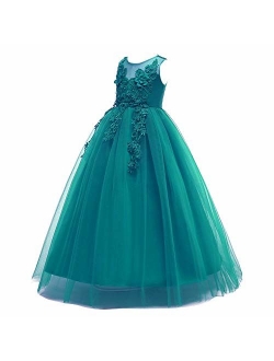 5-16T Little/Big Girls Floor Length Lace Tulle Bridesmaid Dress Flower Pageant Party Wedding Maxi Evening Dance Gown