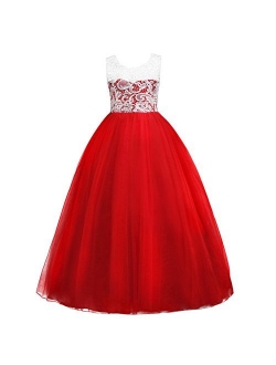 5-16T Little/Big Girls Floor Length Lace Tulle Bridesmaid Dress Flower Pageant Party Wedding Maxi Evening Dance Gown