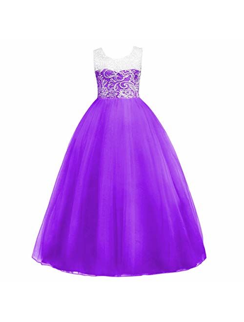 5-16T Little/Big Girls Floor Length Lace Tulle Bridesmaid Dress Flower Pageant Party Wedding Maxi Evening Dance Gown