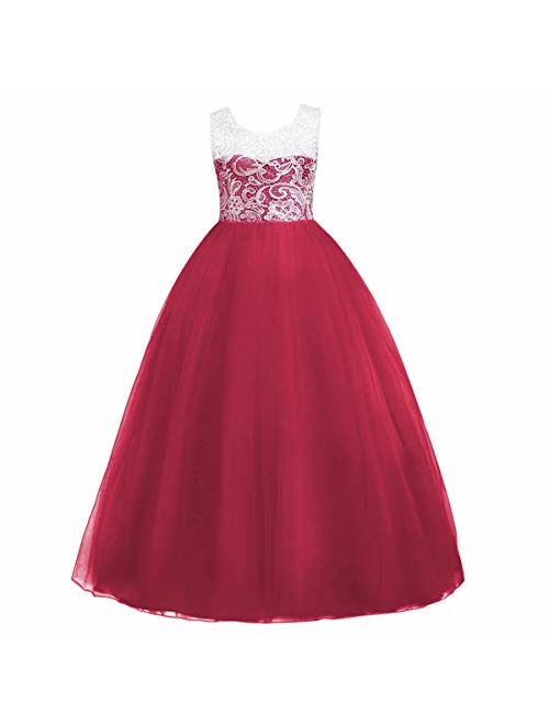 5-16T Little/Big Girls Floor Length Lace Tulle Bridesmaid Dress Flower Pageant Party Wedding Maxi Evening Dance Gown