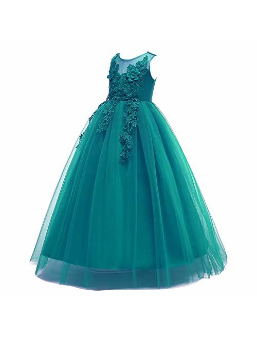 5-16T Little/Big Girls Floor Length Lace Tulle Bridesmaid Dress Flower Pageant Party Wedding Maxi Evening Dance Gown