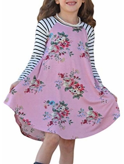 GOSOPIN Girls Long Sleeve Floral Pleated Swing Casual Maxi Dress Pocket 4-13Y