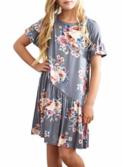 GOSOPIN Girls Long Sleeve Floral Pleated Swing Casual Maxi Dress Pocket 4-13Y