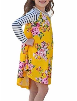 GOSOPIN Girls Long Sleeve Floral Pleated Swing Casual Maxi Dress Pocket 4-13Y