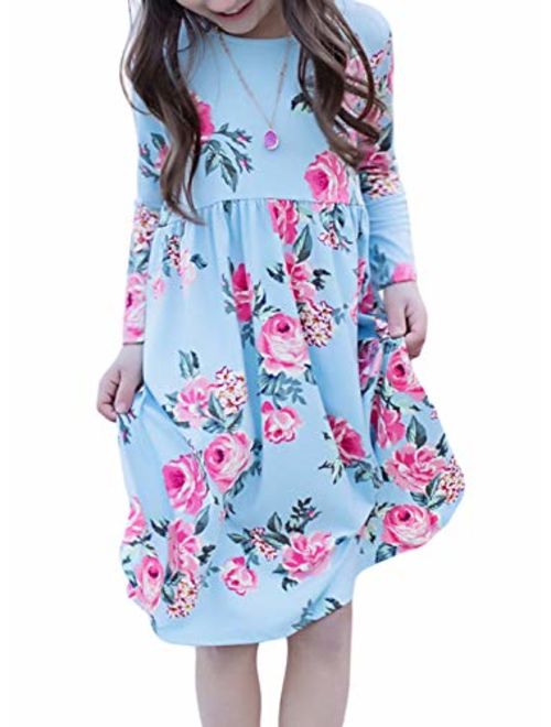 GOSOPIN Girls Long Sleeve Floral Pleated Swing Casual Maxi Dress Pocket 4-13Y