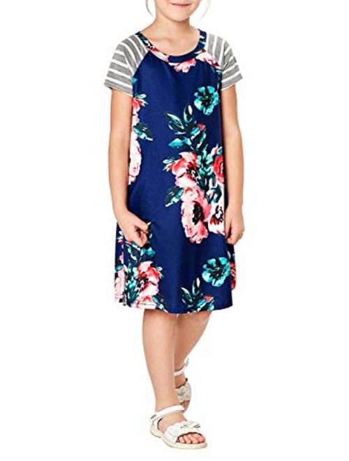 GOSOPIN Girls Long Sleeve Floral Pleated Swing Casual Maxi Dress Pocket 4-13Y