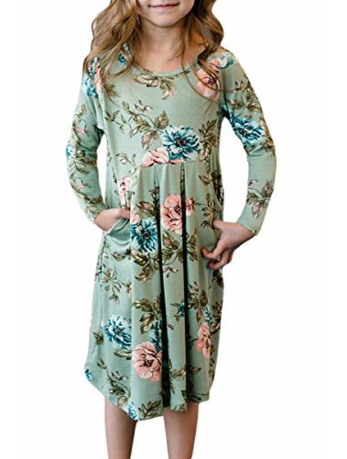 GOSOPIN Girls Long Sleeve Floral Pleated Swing Casual Maxi Dress Pocket 4-13Y