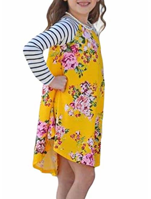 GOSOPIN Girls Long Sleeve Floral Pleated Swing Casual Maxi Dress Pocket 4-13Y