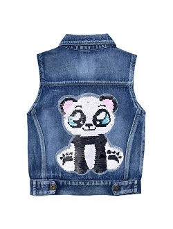 Little Girls Denim Vest Spring Autumn Sequins Owl Vest Coat