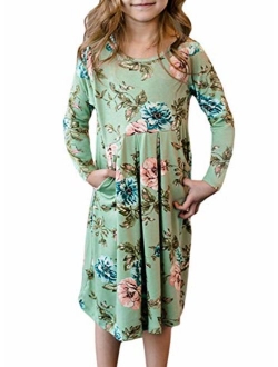 Blibea Girls Floral Print Long Sleeve Boho Empire Waist Midi Dress with Pockets