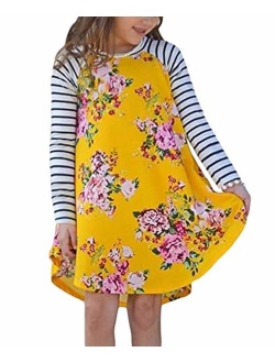 Blibea Girls Floral Print Long Sleeve Boho Empire Waist Midi Dress with Pockets