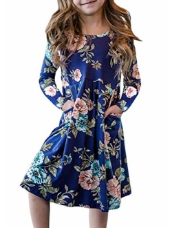 Blibea Girls Floral Print Long Sleeve Boho Empire Waist Midi Dress with Pockets