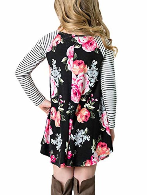 Blibea Girls Floral Print Long Sleeve Boho Empire Waist Midi Dress with Pockets