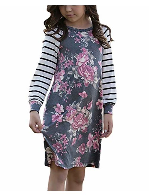 Blibea Girls Floral Print Long Sleeve Boho Empire Waist Midi Dress with Pockets