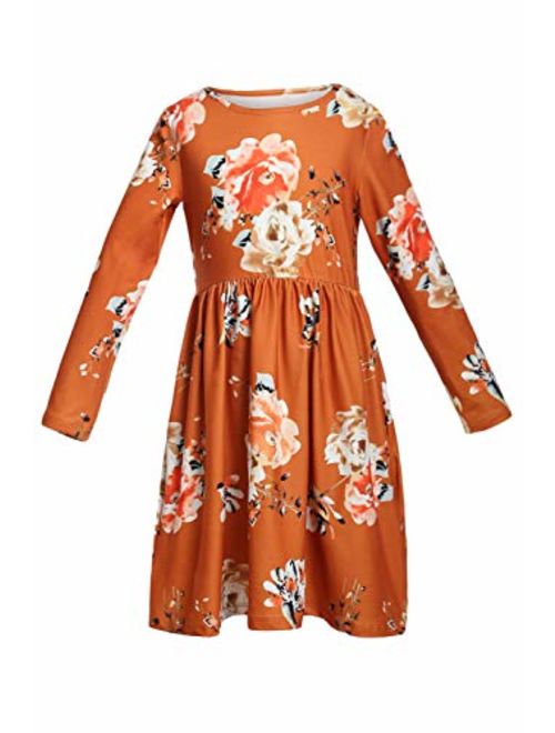 Blibea Girls Floral Print Long Sleeve Boho Empire Waist Midi Dress with Pockets