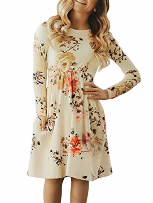 Blibea Girls Floral Print Long Sleeve Boho Empire Waist Midi Dress with Pockets